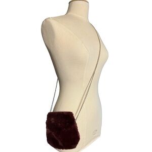 Faux Fur Crossbody Bag with Gold Chain Strap, Burgundy
